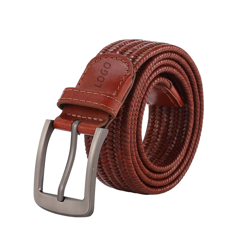 handwoven genuine cow leather belt with alloy pin buckle