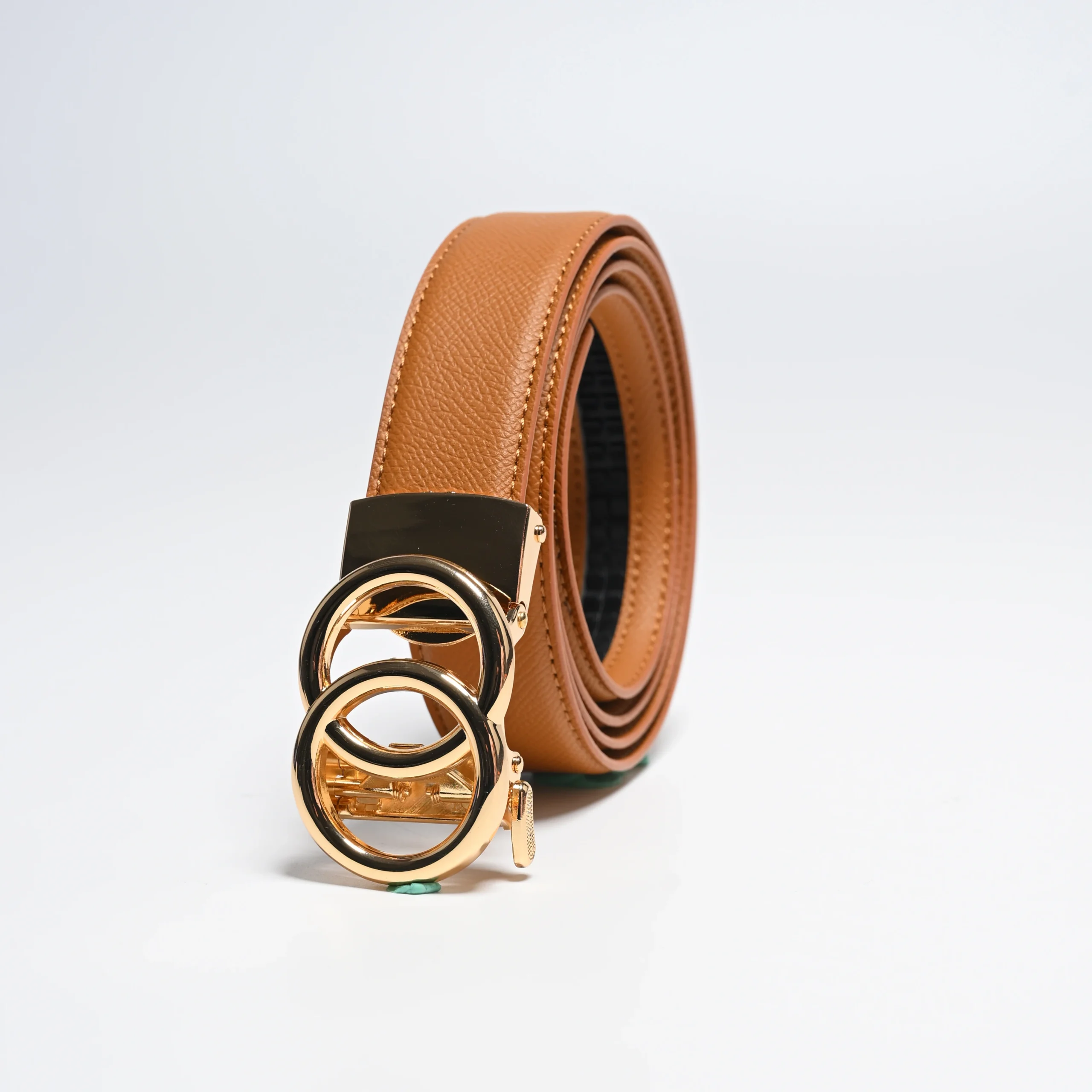 Home custom women's genuine leather ratchet belt with double o ring gold buckle