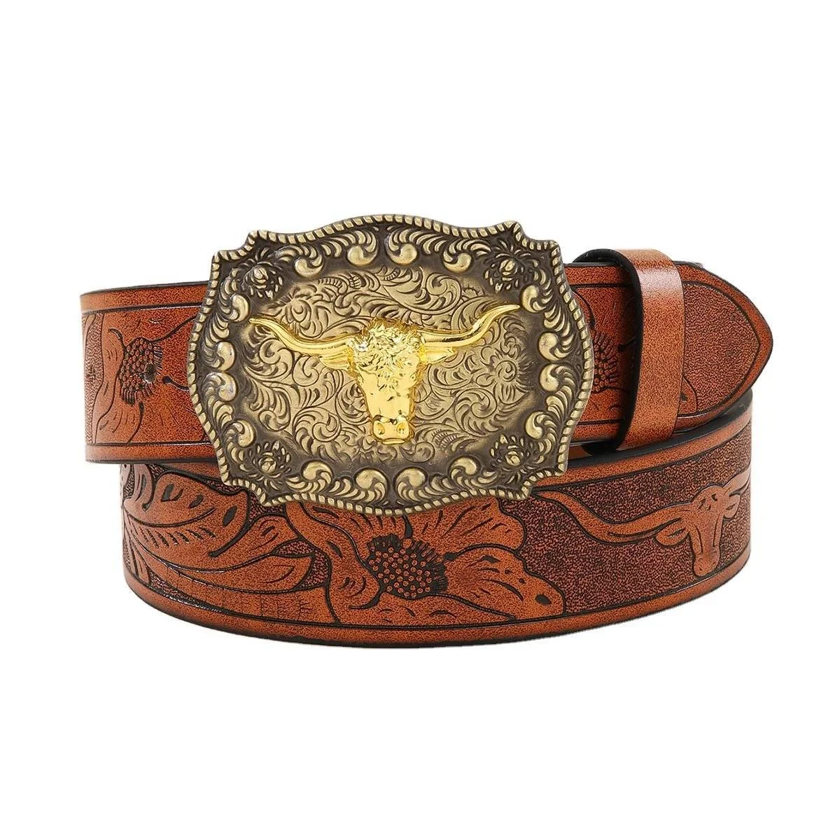 Plate buckle belt Custom Embossing Design Belt Strap Bull Head Big Alloy Plate Buckle Pu Belts
