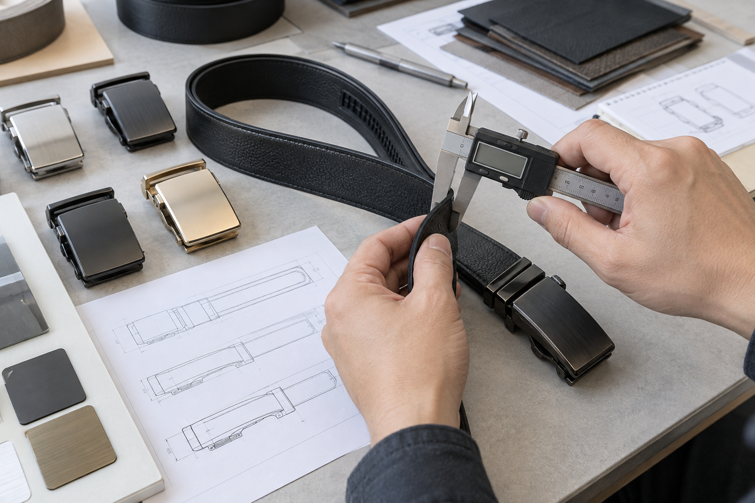 Automatic Buckle Belts for Private Label: A Buyer’s Specification and QC Guide Product developer measuring an automatic belt strap during a quality inspection