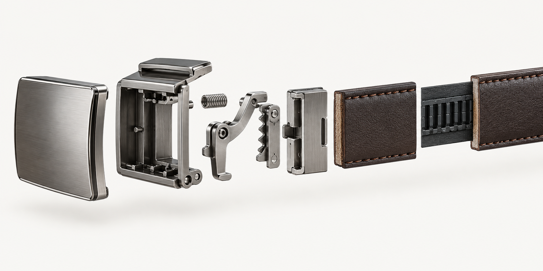Automatic Buckle Belts for Private Label: A Buyer’s Specification and QC Guide Exploded technical view of an automatic buckle, release mechanism, clamp, strap, and ratchet track
