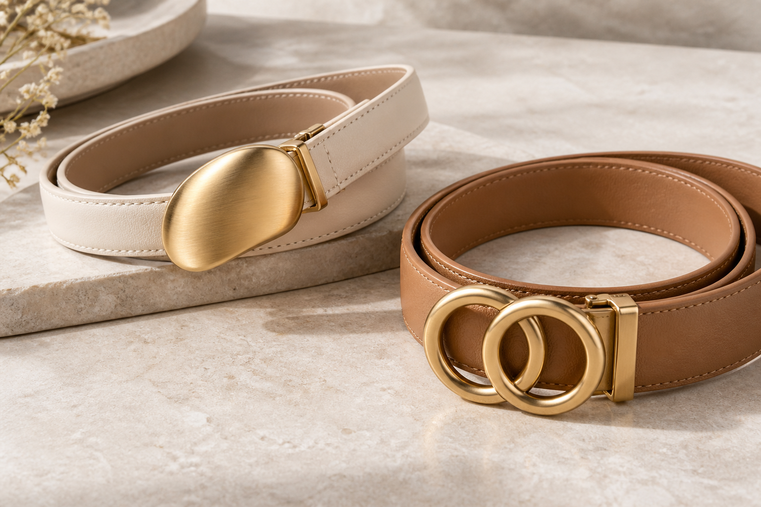Women’s automatic belts with sculptural double-ring and interlocking buckle concepts