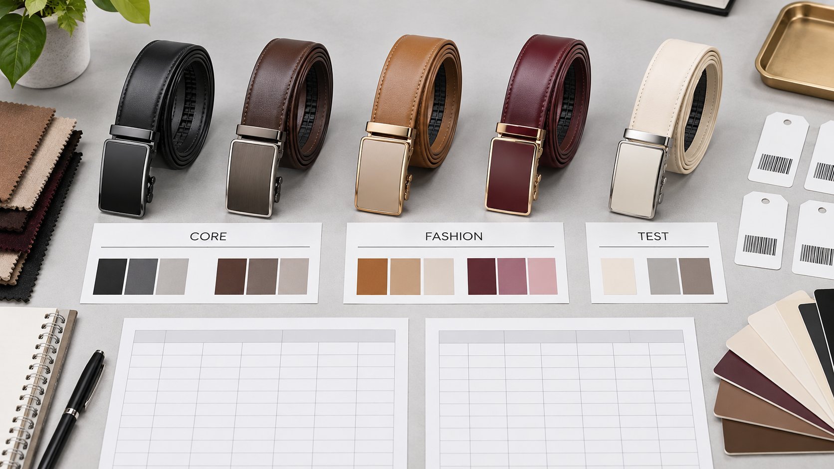 Women’s automatic belt assortment organized into core, fashion, and test color groups