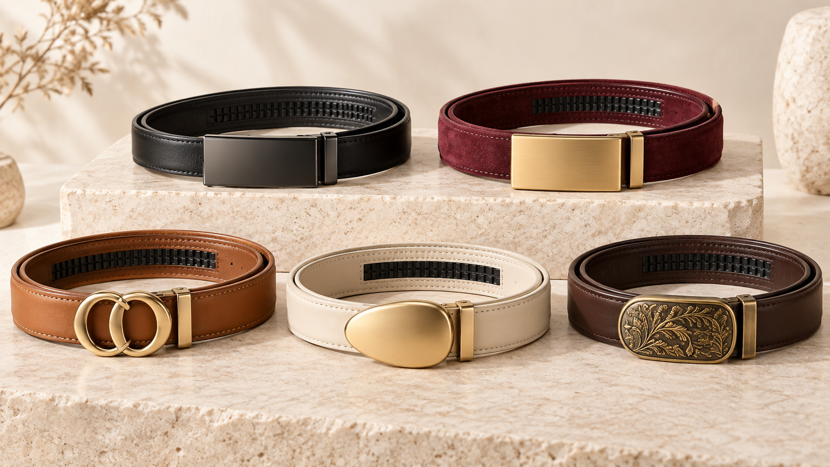 Five women’s automatic belts in black, burgundy, tan, cream, and chocolate with varied no-hole buckles