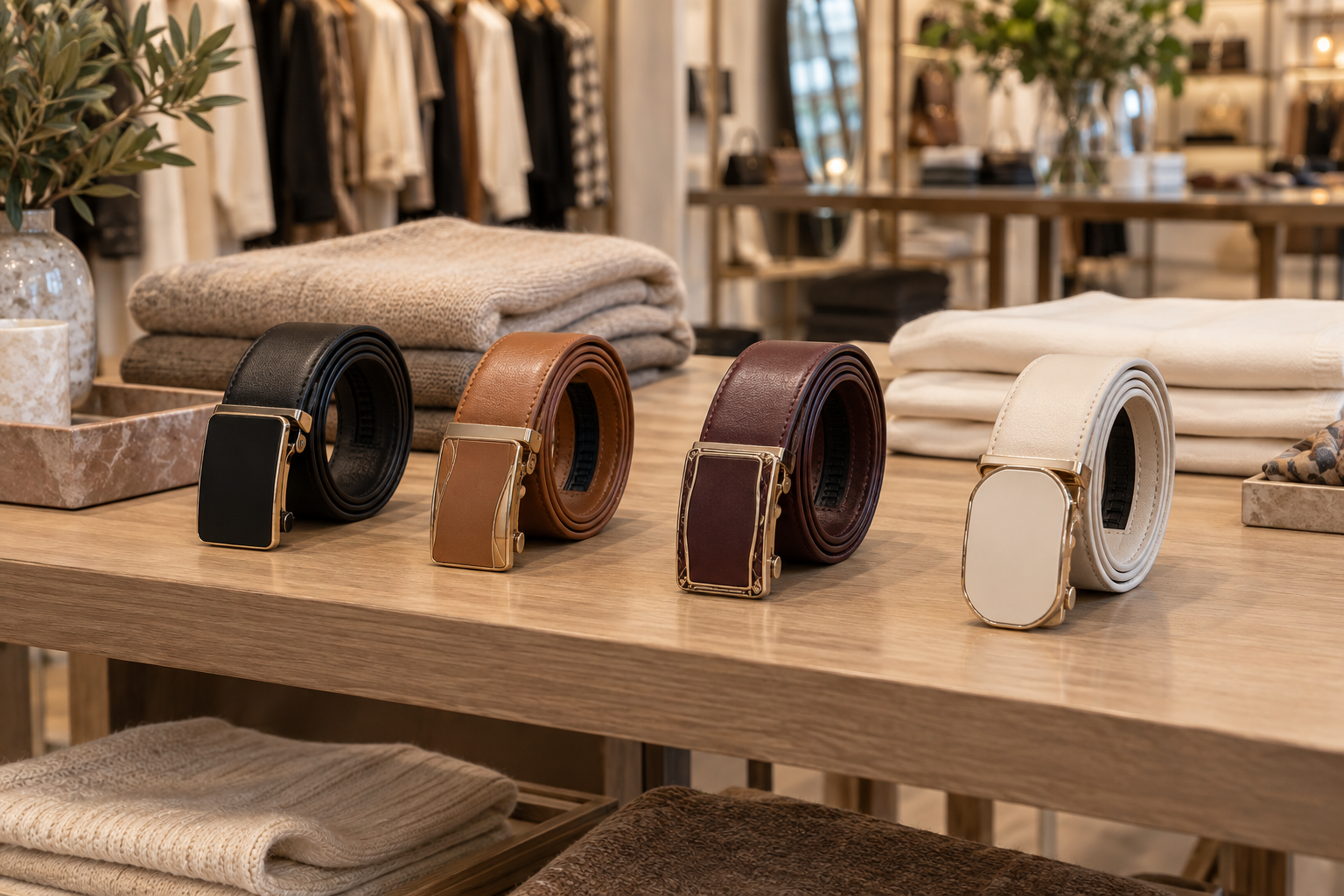 Coordinated women’s automatic belts displayed with neutral apparel in a fashion boutique