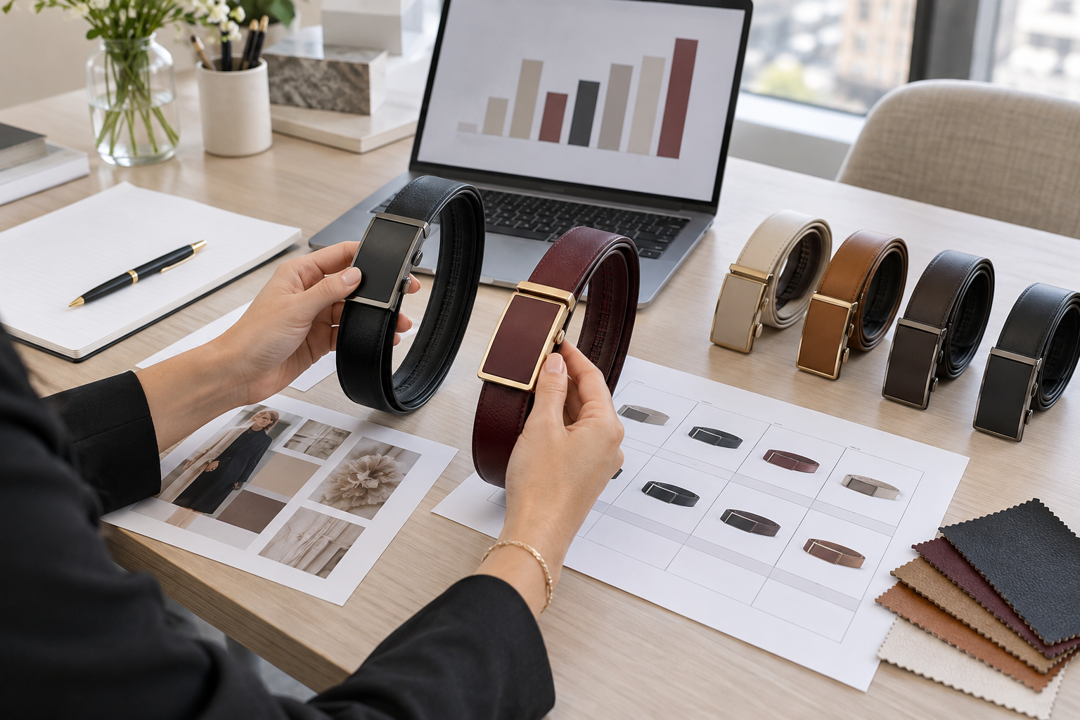 Fashion buyer comparing women’s automatic belts while reviewing assortment performance
