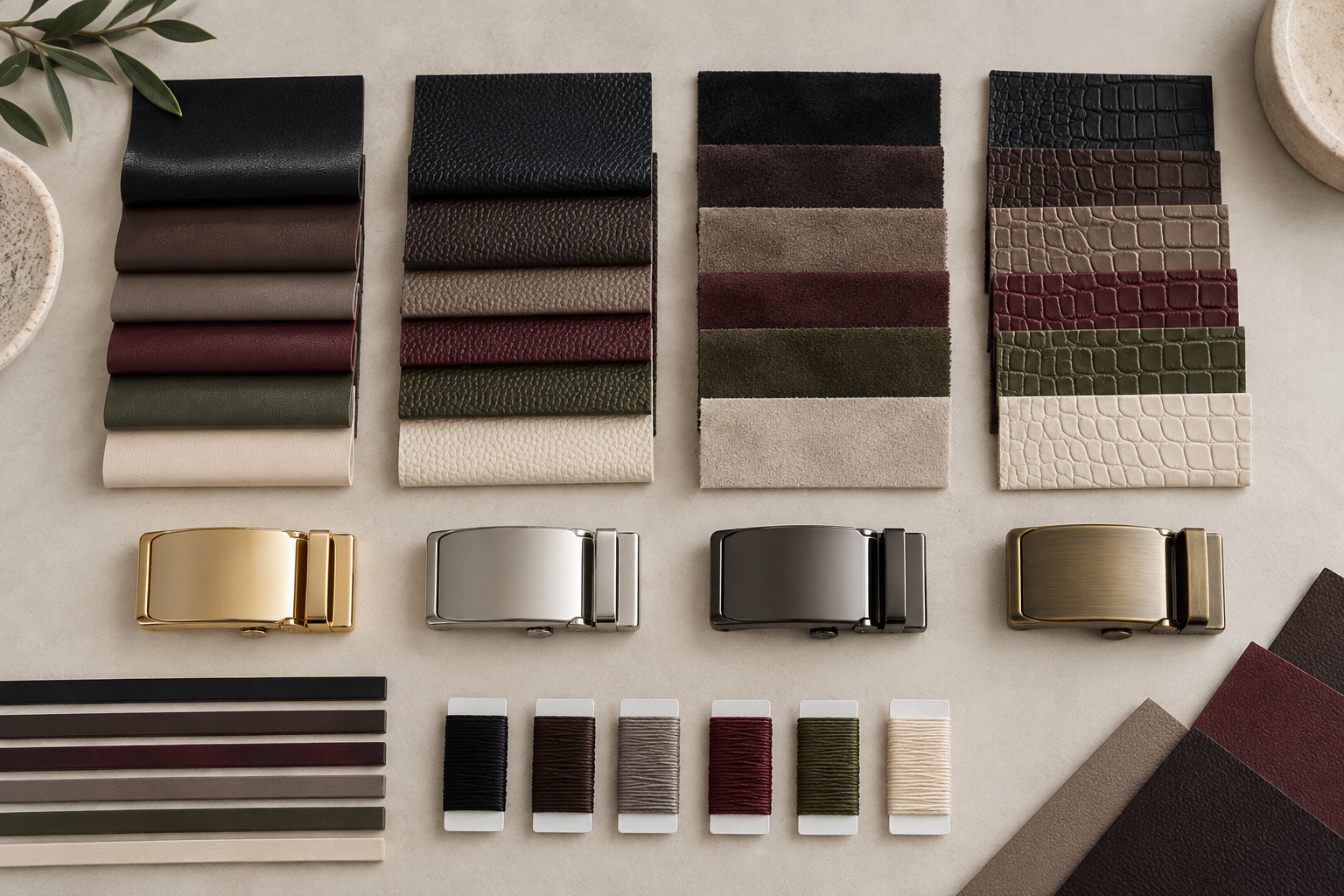 Women’s belt material and hardware palette with black, burgundy, tan, cream, and chocolate swatches